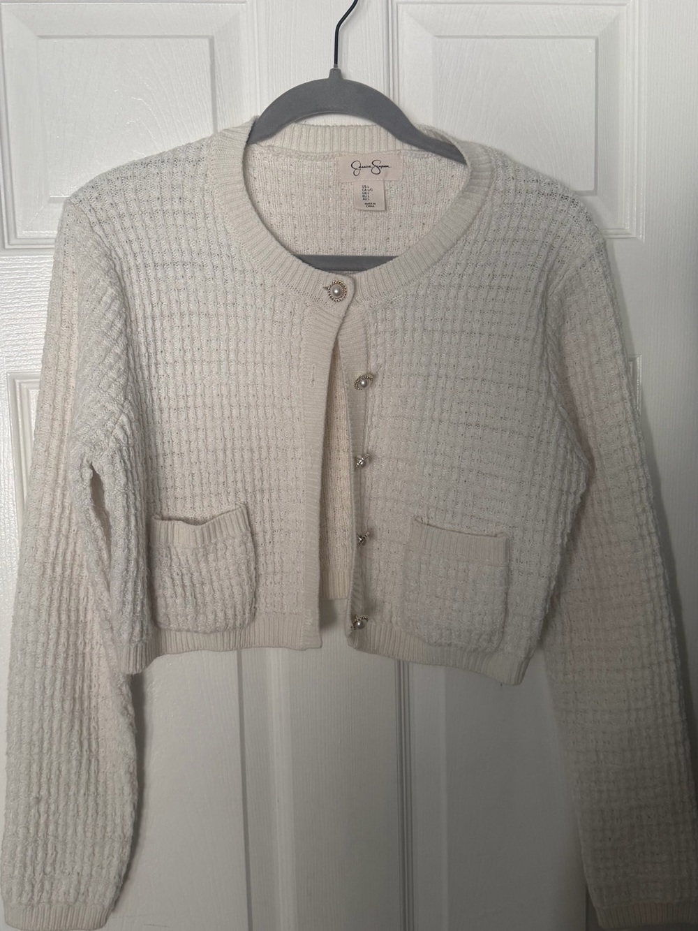Jessica Simpson Cream Cropped Knit Cardigan with Jewel Buttons